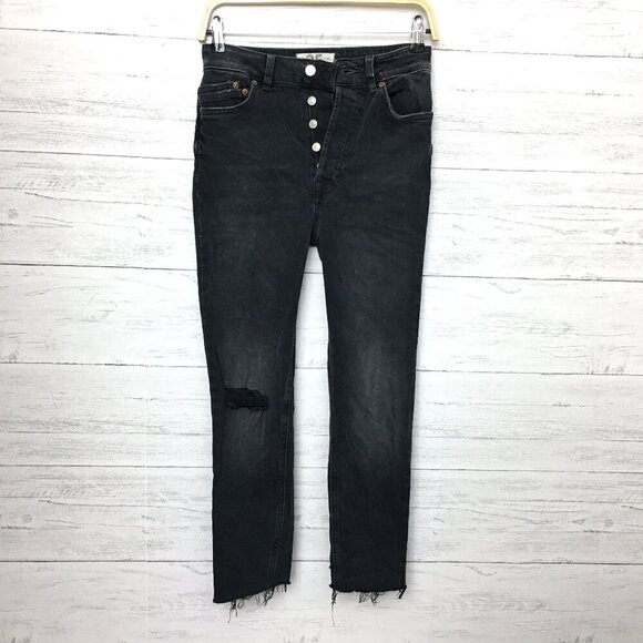 We The Free People Jeans Faded Black Zuri Ankle Mom Distressed Button Fly 25 - Picture 1 of 9